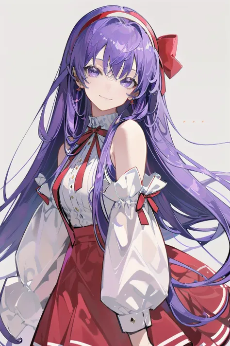 -siki, 1girl, solo, purple eyes, matou sakura, purple hair, smile, long hair, detached sleeves, looking at viewer, ribbon, breasts, red ribbon, hair ribbon, bangs, bare shoulders, skirt, red skirt, hairband, long sleeves, bow, shirt, white shirt, medium breasts<lora:siki-000018:0.8>,