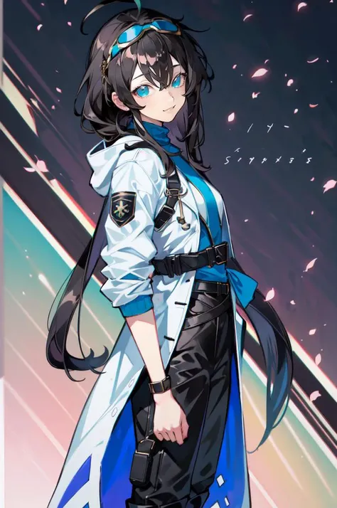 <lora:siki-000018:0.8> siki,, ultra detailed, masterpiece, best quality, aesthetic, detailed,, solo, soft smile, light smile, 1girl, aqua eyes, black hair, <lora:low_ponytail-1.0:0.95> low ponytail, ahoge, absurdly long hair, very long hair, hair flaps, hair between eyes, bangs, messy hair, small breasts, (goggles on head:1.1),, hooded coat, open coat, turtleneck, pants, black knee boots, multiple straps, white coat, layered clothes, hair ribbon, pants under skirt,
