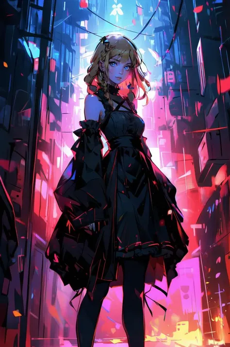 ultra detailed, masterpiece, best quality, solo, soft smile, light smile, 
1girl, blue eyes, very long hair, blonde hair, long blonde hair, french braid, bangs, medium breasts,
hair ribbon, frilled choker, criss-cross halter, sleeveless dress, high-waist skirt, backless dress, waist bow, detached sleeves, frilled sleeves, wide sleeves, pantyhose, patterned legwear, mary janes,  <lora:apocalyptic_cyberpunk:1>