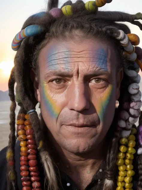 photo of man (iorio:1), face centered, hippie at burning man, covered in mud, long hair with ((colorful beads and dreads)), rainbow face paint, paint fading,  dirty face, finely detailed eyes, award winning photography, sunset time, bright, high detail, 8k,            <lora:iorio:1>