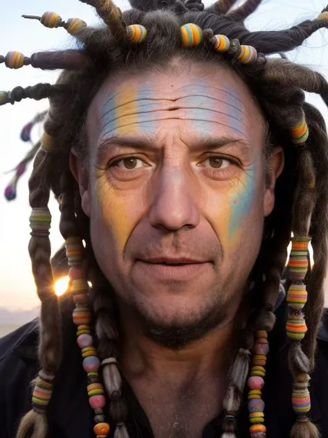 photo of man (iorio:1), face centered, hippie at burning man, covered in mud, long hair with ((colorful beads and dreads)), rainbow face paint, paint fading, dirty face, finely detailed eyes, award winning photography, sunset time, bright, high detail, 8k, <lora:iorio:1>