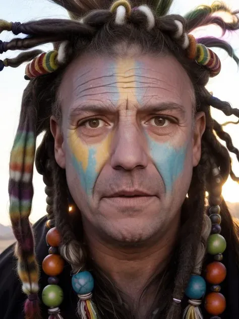 photo of man (iorio:1), face centered, hippie at burning man, covered in mud, long hair with ((colorful beads and dreads)), rainbow face paint, paint fading,  dirty face, finely detailed eyes, award winning photography, sunset time, bright, high detail, 8k,            <lora:iorio:1>