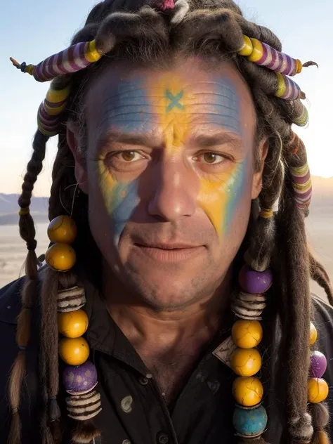 photo of man (iorio:1), face centered, hippie at burning man, covered in mud, long hair with ((colorful beads and dreads)), rainbow face paint, paint fading, dirty face, finely detailed eyes, award winning photography, sunset time, bright, high detail, 8k, <lora:iorio:1>