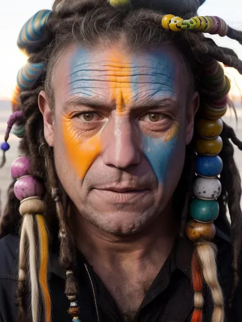 photo of man (iorio:1), face centered, hippie at burning man, covered in mud, long hair with ((colorful beads and dreads)), rainbow face paint, paint fading, dirty face, finely detailed eyes, award winning photography, sunset time, bright, high detail, 8k, <lora:iorio:1>