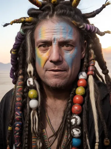 photo of man (iorio:1), face centered, hippie at burning man, covered in mud, long hair with ((colorful beads and dreads)), rainbow face paint, paint fading, dirty face, finely detailed eyes, award winning photography, sunset time, bright, high detail, 8k, <lora:iorio:1>