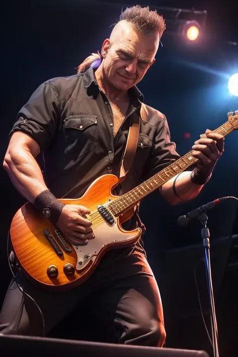(iorio) playing guitar on a stage. (Heavy metal anime style), dark, show illumination, ((masterpiece)), 8K UHD, <lora:iorio:1>