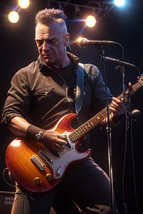 (iorio) playing guitar on a stage. (Heavy metal anime style), dark, show illumination, ((masterpiece)), 8K UHD,  <lora:iorio:1>