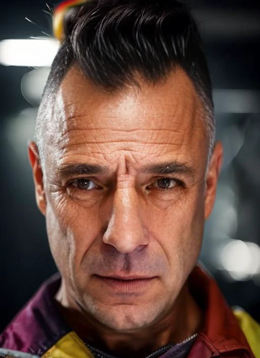 portrait of sks man (iorio:1) by Flora Borsi, style by Flora Borsi, bold, bright colours, rainbow Mohawk haircut, ((Flora Borsi)), <lora:iorio:1>