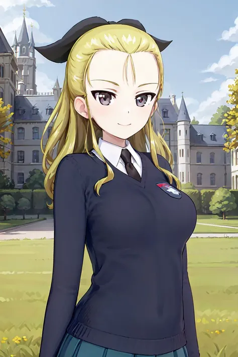 masterpiece, best quality, 1girl, solo,girls und panzer, assam,hair bow,medium breasts, eye focus,st. gloriana's school uniform, blue skirt,elegant,polite, looking at viewer,upper body, outdoors, castle, garden, blue sky, sunlight <lora:Assam:0.6>