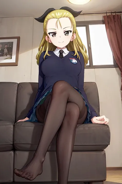 masterpiece, best quality, 1girl, solo, girls und panzer, assam,hair bow, st. gloriana's school uniform, black pantyhose,sitting, crossed legs, feet, from below, in a room, couch, window <lora:Assam:0.6>