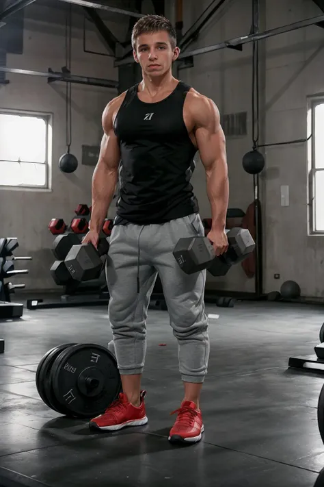 warehouse gym weight room, high ceiling, DaneDekota, sexytrainer, red tank top, gray sweatpants, sneakers, holding dumbbells, (((full body portrait))), wide angle <lora:DaneDekota:0.8> <lora:Clothing - Sexy Personal Trainer:0.75>
