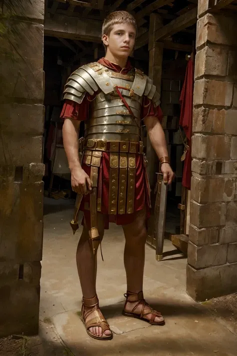 fantrome, standing inside a Roman army barracks, DaneDekota is a roman soldier, wearing loriseg armor, red tunic, sandals, <lora:DaneDekota:0.8>  <lora:loriseg:0.75> <lora:fantrome_v3:0.5>