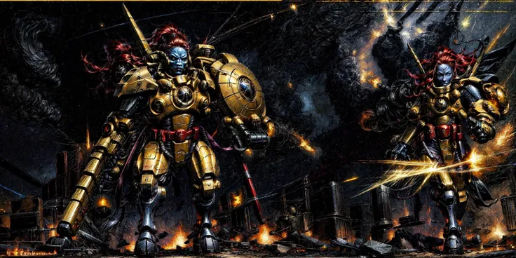 Generate a stunning art style, a true [masterpiece] [best quality] of art. The image showcases [detailed linework], [dynamic shading], and [dramatic lighting], bringing to life a [dark atmosphere, grim coloures] . In the background a [street battlefield,in the middle of siege, heavy explosion, carnage] is to be seen in [grand, high-scale, panorama]  from  [from below].
Tau, fire caste, fire blade,commander, [XV8, battlesuit, mecha, 1girl, blue skin, long hair,red hair][ full body:1.5, walking , standing,  looking at viewer, ] .  It is wearing a [stunning full armor, helmet, full face mask, wearing intricate ornamented metallic armor, heavy armor, epic, reflective metal, gold trimmings]. It is  [holding a sword:1.5, shield:1.5]. A [gun drone] is following it.
<lora:more_details:1>    <lora:add_detail:1> <lora:Ta'u, Troops  MK1 by CARAXES:0.7>