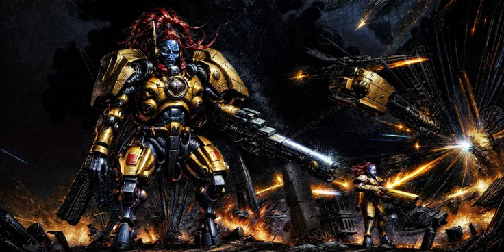 Generate a stunning art style, a true [masterpiece] [best quality] of art. The image showcases [detailed linework], [dynamic shading], and [dramatic lighting], bringing to life a [dark atmosphere, grim coloures] . In the background a [street battlefield,in the middle of siege, heavy explosion, carnage] is to be seen in [grand, high-scale, panorama]  from  [from below].
Tau, fire caste, fire blade,commander, [xv22, mecha, 1girl, blue skin, long hair,red hair][ full body:1.5, walking , standing,  looking at viewer, ] .  It is wearing a [stunning full armor, helmet, full face mask, wearing intricate ornamented metallic armor, heavy armor, epic, reflective metal, gold trimmings]. It is holding a [sword, shield]. A [gun drone] is following it.
<lora:more_details:1>    <lora:add_detail:1> <lora:Ta'u, Troops  MK1 by CARAXES:0.7>