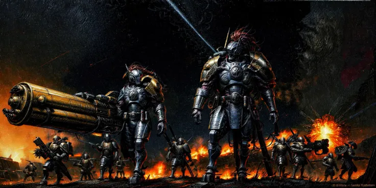 Generate a stunning art style, a true [masterpiece] [best quality] of art. The image showcases [detailed linework], [dynamic shading], and [dramatic lighting], bringing to life a [dark atmosphere, grim coloures] . In the background a [street battlefield,in the middle of siege, heavy explosion, carnage] is to be seen in [grand, high-scale, panorama]  from  [from below].
Tau Fire Caste [ full body:1.5, walking , looking at viewer,] .  It is wearing a [stunning full armor, helmet, full face mask, wearing intricate ornamented metallic armor, heavy armor, epic, reflective metal, silver trimmings]. It is holding a [railgun]. A [gun drone] is following it.
<lora:more_details:1>    <lora:add_detail:1> <lora:Ta'u, Troops  MK1 by CARAXES:0.7>
