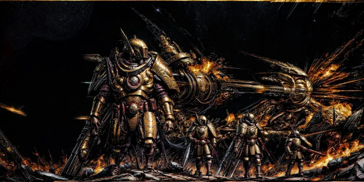 Generate a stunning art style, a true [masterpiece] [best quality] of art. The image showcases [detailed linework], [dynamic shading], and [dramatic lighting], bringing to life a [dark atmosphere, grim coloures] . In the background a [street battlefield,in the middle of siege, heavy explosion, carnage] is to be seen in [grand, high-scale, panorama]  from  [from below].
Tau, Pathfinder, [ full body:1.5, walking , standing,  looking at viewer] .  It is wearing a [stunning full armor, helmet, full face mask, wearing intricate ornamented metallic armor, heavy armor, epic, reflective metal, gold trimmings]. It is holding a [railgun]. A [gun drone] is following it.
<lora:more_details:1>    <lora:add_detail:1> <lora:Ta'u, Troops  MK1 by CARAXES:0.7>