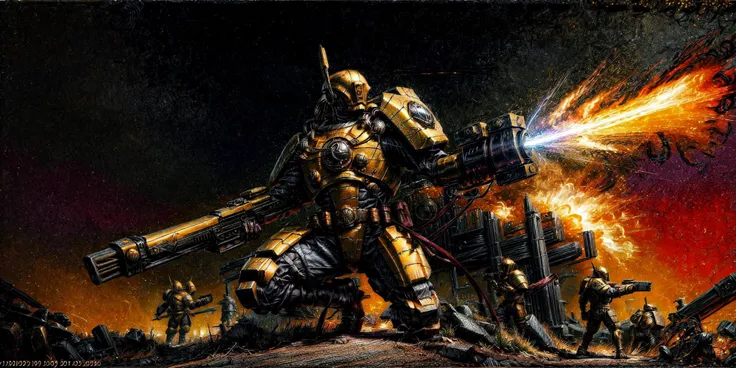 Generate a stunning art style, a true [masterpiece] [best quality] of art. The image showcases [detailed linework], [dynamic shading], and [dramatic lighting], bringing to life a [dark atmosphere, grim coloures] . In the background a [street battlefield,in the middle of siege, heavy explosion, carnage] is to be seen in [grand, high-scale, panorama]  from  [from below].
Tau, Fire Warrior, [ full body:1.5, walking , kneeling,  looking at viewer] .  It is wearing a [stunning full armor, helmet, full face mask, wearing intricate ornamented metallic armor, heavy armor, epic, reflective metal, gold trimmings]. It is holding a [railgun|gun|gattling gun|sword]. A [gun drone] is following it.
<lora:more_details:1>    <lora:add_detail:1> <lora:Ta'u, Troops  MK1 by CARAXES:0.7>
