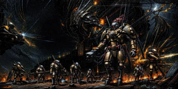 Generate a stunning art style, a true [masterpiece] [best quality] of art. The image showcases [detailed linework], [dynamic shading], and [dramatic lighting], bringing to life a [dark atmosphere, grim coloures] . In the background a [hive city, street battlefield,in the middle of siege, heavy explosion, carnage] is to be seen in [grand, high-scale, panorama]  from  [from below].
Tau Earth Caste [ full body:1.5, walking , looking at viewer,] .  It is wearing a [stunning full armor, helmet, full face mask, wearing intricate ornamented metallic armor, heavy armor, epic, reflective metal, silver trimmings]. It is holding a [railgun]. A [gun drone] is following it.
<lora:more_details:1>    <lora:add_detail:1> <lora:Ta'u, Troops  MK1 by CARAXES:0.7>