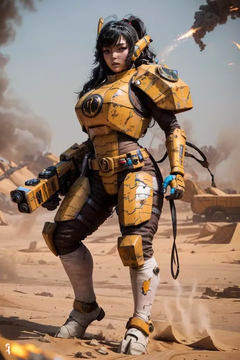 Photo of emiru wearing fire warrior armor, helmet removed,
scartches, gattling gun, damaged, huge gun,
desert,
<lora:tool - add_detail:1> <lora:Ta'u, Troops MK1 by CARAXES:0.7> <lora:subject - Emiru_v1:0.8>