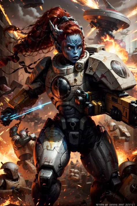 Photo of tau, fire caste, commander, holding railgun, white battlesuit, xv22, mecha,
1girl, red hair, blue skin ,ponytail, face scar,
army in the background
soldiers, battle, in the middle of siege, heavy explosion, gun drone,
<lora:tool - add_detail:1> <lora:Ta'u, Troops MK1 by CARAXES:0.7>