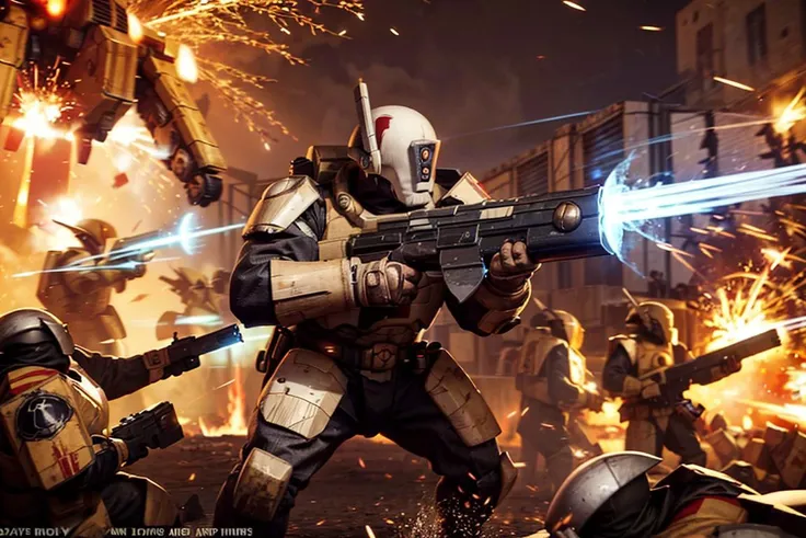Photo of fire warrior, fire blade, holding gun, firing,
(man:1.2), epic, white armor, scratches, some helmet removed, railgun,
tau, fire warrior, soldiers in the background
army, battle, in the middle of siege, heavy explosion, gun drone,
<lora:tool - add_detail:1> <lora:Ta'u, Troops MK1 by CARAXES:0.7>