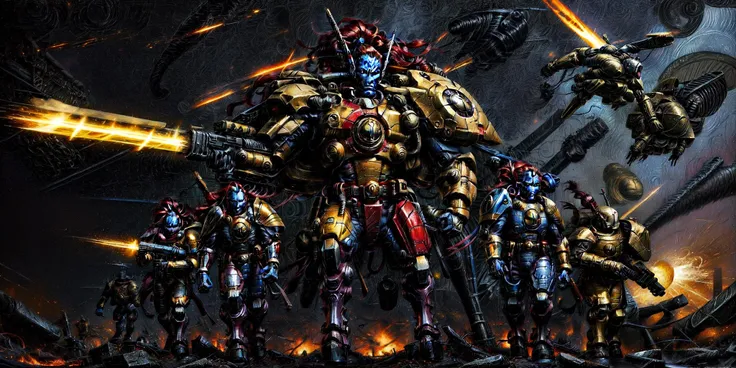 Generate a stunning art style, a true [masterpiece] [best quality] of art. The image showcases [detailed linework], [dynamic shading], and [dramatic lighting], bringing to life a [dark atmosphere, grim coloures] . In the background a [street battlefield,in the middle of siege, heavy explosion, carnage] is to be seen in [grand, high-scale, panorama]  from  [from below].
Tau, fire caste, fire blade,commander, [XV8, battlesuit, mecha, 1girl, blue skin, long hair,red hair][ full body:1.5, walking , standing,  looking at viewer, ] .  It is wearing a [stunning full armor, helmet, full face mask, wearing intricate ornamented metallic armor, heavy armor, epic, reflective metal, gold trimmings]. It is  [holding a sword:1.5, shield:1.5]. A [gun drone] is following it.
<lora:more_details:1>    <lora:add_detail:1> <lora:Ta'u, Troops  MK1 by CARAXES:0.7>