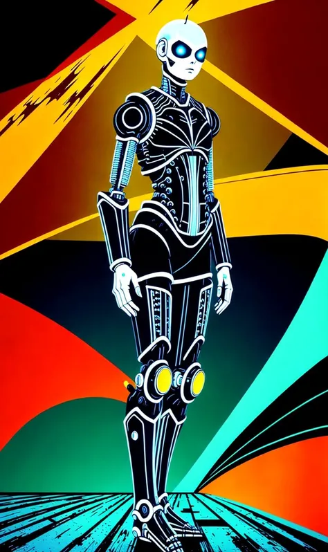by junji ito, , full-body portrait, android law enforcer, protective gear, Turquoise Vibrant Orange, nighttime, cityscape, low angle shot, intimidating, dominant, dynamic posture, cinematic composition, perfect face, perfect hands, frown, cybernetic implants, robotic bodyparts, hinge, joints, masterpiece, the greatest details, 8k, UHD, HDR, incredibly intricate, <lora:Maruti:0.75>