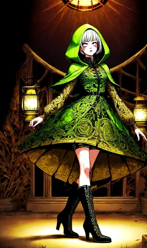 by junji ito, , Lime green Acid Green riding hood, ugly gorgeous woman, dark dusty crypt, intricate cross-laced dress, high heel boots, dynamic posture, bent forward, cinematic composition, dramatic lighting by brass lantern, masterpiece, the greatest details, 8k, UHD, HDR, incredibly intricate, <lora:Maruti:0.75>