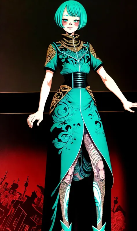 by junji ito, , full-length portrait, female Arabic Dwarf Bounty Hunter,Teal Electric Blue cloth,short sleeves, star tattoo,Light brown layered cut, masterpiece, the greatest details, 8k, UHD, HDR, incredibly intricate, <lora:Maruti:0.75>