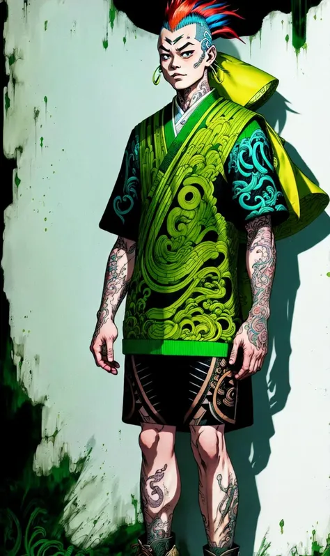 by junji ito, , full-length portrait, male Corean Ork Investigator,Emerald green Chartreuse Green cloth,short sleeves, snake tattoo,Brown Mohawk, masterpiece, the greatest details, 8k, UHD, HDR, incredibly intricate, <lora:Maruti:0.75>