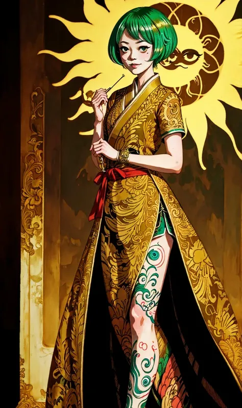 by junji ito, , full-length portrait, female Corean Human B&E Specialist,Cream Emerald Green cloth,short sleeves, sun tattoo,Golden brown French twist, masterpiece, the greatest details, 8k, UHD, HDR, incredibly intricate, <lora:Maruti:0.75>