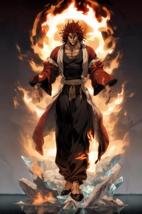 High quality, <lora:Style-add_detail:1>(Beautiful), ((masterpiece)),vibrant colors, YujiroHanma, 1boy, male focus, solo, (((long wizard robes,clothing, using ice and fire magic))), muscular male, red hair, manly, veins, pupils, black slippers,brown eyes,smile, looking at viewer,((full body)),<lora:YujiroHanma5(1):1>
