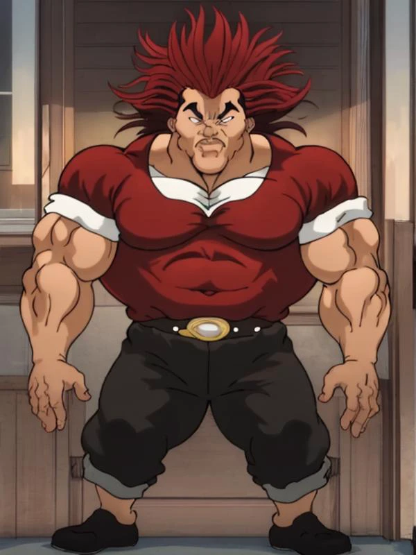 solo,1boy, biceps, large pectorals, male focus, manly, muscular, muscular male,flashgitz, fat, pectorals, red hair, solo, spiked hair ,<lora:YujiroHanma5:0.9>, <lora:thickline_fp16:0.3>, <lora:Flashgitz:1>