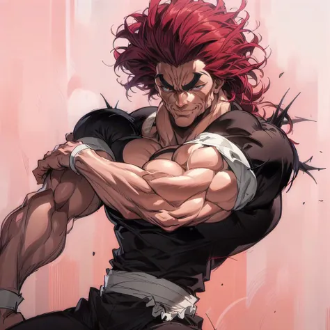 highres,High quality,(Beautiful), ((masterpiece)),vibrant colors, solo,1boy, abs, biceps, covered abs, large pectorals, male focus, manly, muscular, muscular male, pectorals, red hair, solo, spiked hair,shirt, <lora:YujiroV9:1>