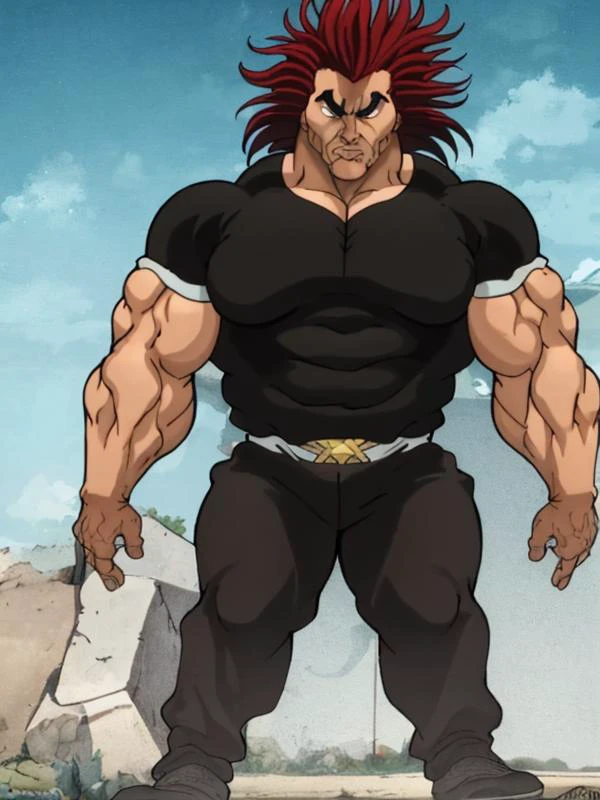 solo,1boy, biceps, large pectorals, male focus, manly, muscular, muscular male,flashgitz, fat, pectorals, red hair, solo, spiked hair ,<lora:YujiroHanma5:1.0>, <lora:thickline_fp16:0.3>, <lora:Flashgitz:1>