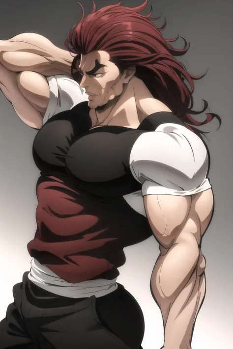 Highly detailed, High Quality, Masterpiece, beautiful, solo, boy, biceps, large pectorals, male focus, manly, muscular, muscular male, pectorals, red hair, spiked hair, <lora:Char_Baki_YujiroHanma:0.9>