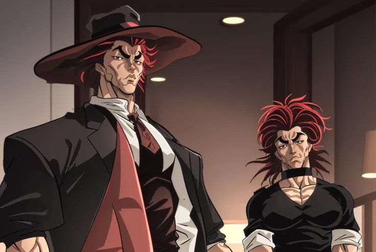 John Hamm as YujiroHanma, from mad men, 1boy, male focus, muscular male, red hair, manly, black pants, black slippers, veins, pupils, brown eyes, hanma baki <lora:YujiroHanma5:0.8>