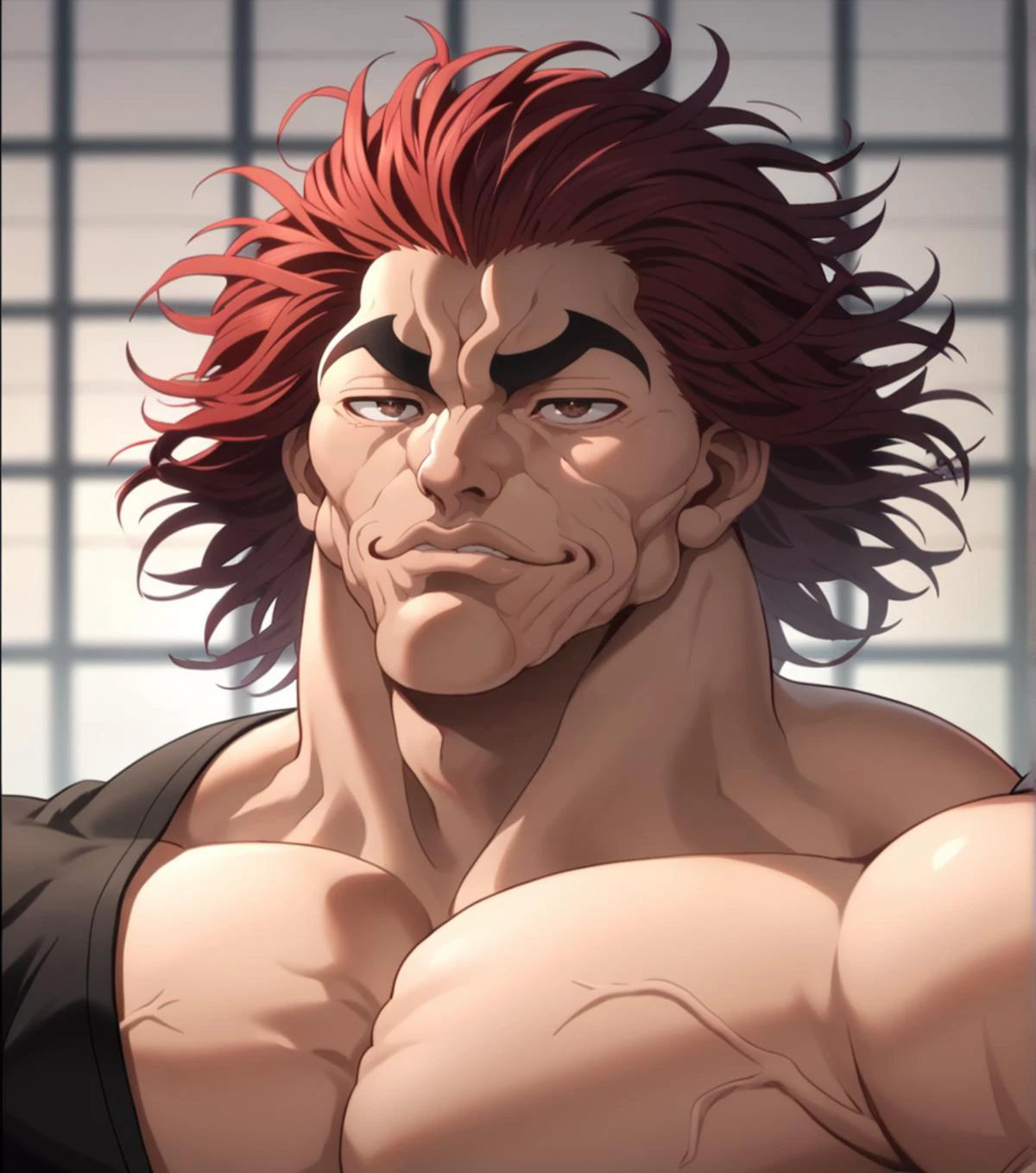 score_9, score_8_up, score_7_up, YujiroHanma, 1boy, male focus, solo, black shirt, muscular male, pupils, brown eyes, red hair, manly, veins, <lora:Char-YujiroHanma-pony:1>, portrait