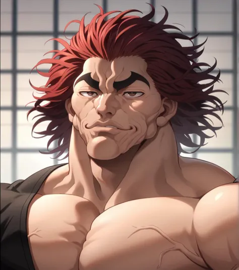 score_7, score_8_up, score_7_up, YujiroHanma, 1boy, male focus, solo, black shirt,muscular male, red hair, manly, veins, pupils, red eyes, dynamic lighting, extremely detailed,portrait, serious expression,very veiny,glare,