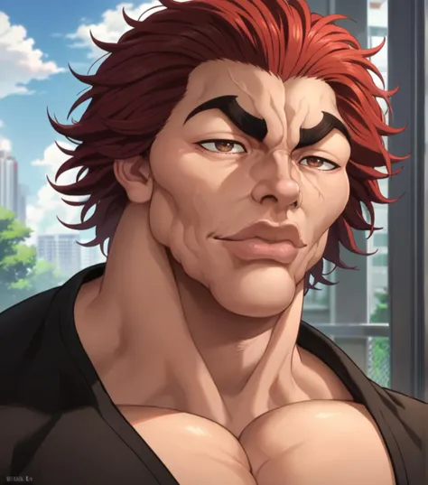 score_9, score_8_up, score_7_up, YujiroHanma, 1boy, male focus, solo, black shirt, muscular male, pupils, brown eyes, red hair, manly, veins, <lora:Char-YujiroHanma-pony:1>, portrait, lips, <lora:KazuyaGuy:1>