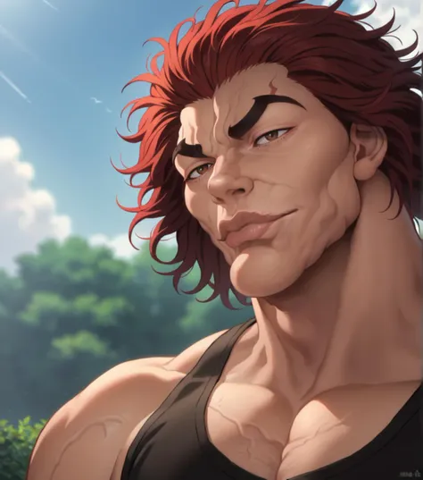 score_9, score_8_up, score_7_up, YujiroHanma, 1boy, male focus, solo, black shirt, muscular male, pupils, brown eyes, red hair, medium hair, manly, veins, <lora:Char-YujiroHanma-pony:1>, portrait, lips, <lora:KazuyaGuy:1>