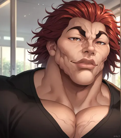 score_9, score_8_up, score_7_up, YujiroHanma, 1boy, male focus, solo, black shirt, muscular male, pupils, brown eyes, red hair, medium hair, manly, veins, <lora:Char-YujiroHanma-pony:1>, portrait, lips, <lora:KazuyaGuy:1>