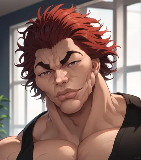 score_9, score_8_up, score_7_up, YujiroHanma, 1boy, male focus, solo, black shirt, muscular male, pupils, brown eyes, red hair, medium hair, manly, veins, <lora:Char-YujiroHanma-pony:1>, portrait, lips, <lora:KazuyaGuy:1>