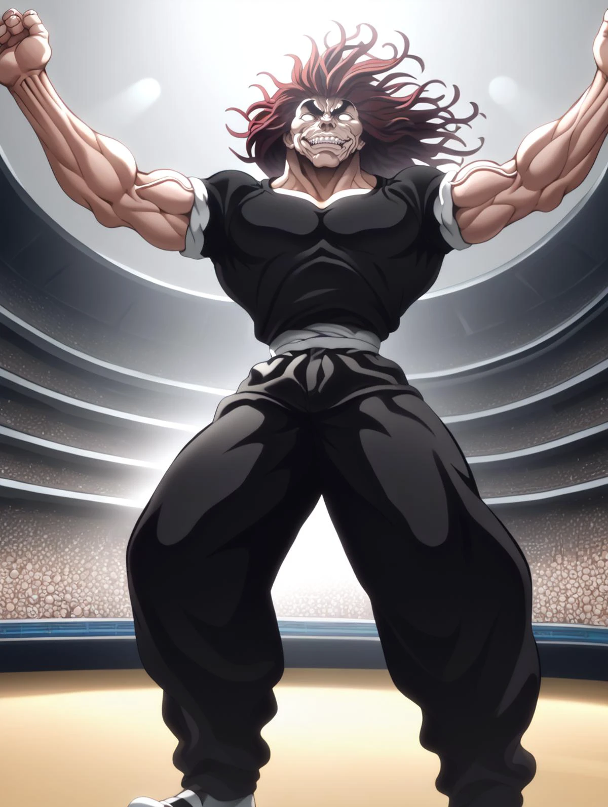score_9, score_8_up, score_7_up, score_6_up, score_5_up, score_4_up,shaded,
<lora:Char-YujiroHanma-pony:1.2>,YujiroHanma, 1boy, male focus, solo, black shirt,muscular male, black pants,short sleeves,pupils, ,black kungfu shoes, red hair, manly, veins, evil smile, (no pupils),mouth close,grind,teeth,
from below,face focus,portrait,
dust,
spotlight,
<lora:HairFlowv1:1>,flowing hair, wind,
arms up,
<lora:Ganimata-0304-v1-PN:1>,spread legs,standing,
colosseum, indoor,crowded,
dark aura,