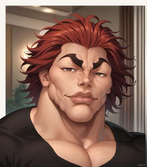 score_9, score_8_up, score_7_up, YujiroHanma, 1boy, male focus, solo, black shirt, muscular male, pupils, brown eyes, red hair, medium hair, manly, veins, <lora:Char-YujiroHanma-pony:1>, portrait, lips, <lora:KazuyaGuy:1>