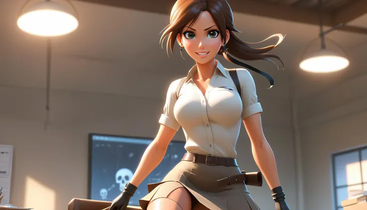 <lora:EnvyBeautyXL09:0.5>,, lara croft, skirt, office lady, thighhighs, high heels, shirt, mature female, smile, skull fucking, arm up, straight-on, indoors, light, field,, very thin waist, <lora:SDXL_MassiveCowsLoRA_v1:0.1> breasts, cleavage, slim body,, (8k, masterpiece, best quality, ultra-detailed), (an extremely delicate and beautiful)kawaii, cute, very big eyes, Aesthetic Anime Eyes, small face, large breasts, cinematic lighting, , Intricate, High Detail, Sharp focus, dramatic, masterpiece, best quality, ultra-detailed,