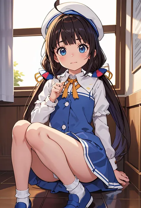 (masterpiece, best quality), 1girl, <lora:hinatsuru_ai:0.8> hinatsuru ai,beret,white headwear,long hair,ahoge,low twintails,school uniform,neck ribbon,dress,blue dress,white shirt,short over long sleeves,socks,white socks,shoes,blue footwear