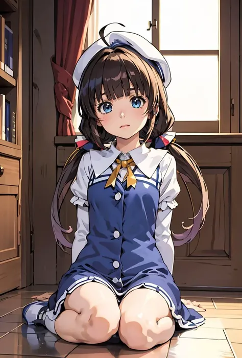(masterpiece, best quality), 1girl, <lora:hinatsuru_ai:0.8> hinatsuru ai,beret,white headwear,long hair,ahoge,low twintails,school uniform,neck ribbon,dress,blue dress,white shirt,short over long sleeves,socks,white socks,shoes,blue footwear