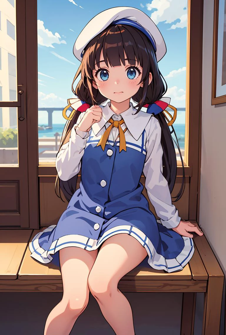 (masterpiece, best quality), 1girl, <lora:hinatsuru_ai:0.8> hinatsuru ai,beret,white headwear,long hair,ahoge,low twintails,school uniform,neck ribbon,dress,blue dress,white shirt,short over long sleeves,socks,white socks,shoes,blue footwear