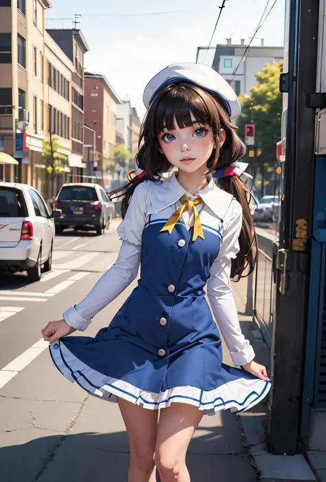 (masterpiece, best quality), 1girl, <lora:hinatsuru_ai:0.8> hinatsuru ai,beret,white headwear,long hair,ahoge,low twintails,school uniform,neck ribbon,dress,blue dress,white shirt,short over long sleeves,socks,white socks,shoes,blue footwear